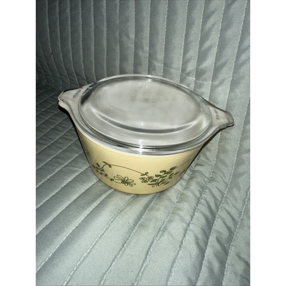 Vintage Pyrex Shenandoah 473-B 1 Quart Qt Casserole Dish Yellow W/ Green Flowers